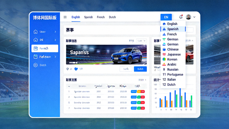博体网国际版平台界面展示，支持12种语言切换功能的多语言界面截图