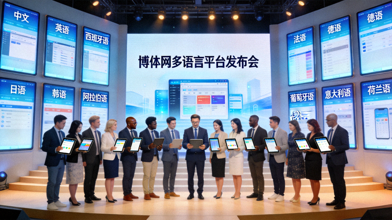 博体网多语言平台发布会现场，展示12种语言界面和全球团队成员