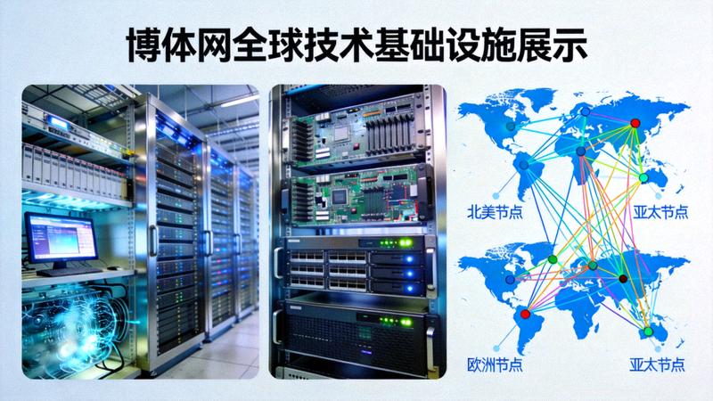 博体网全球技术基础设施展示，包括数据中心、服务器和全球网络架构图