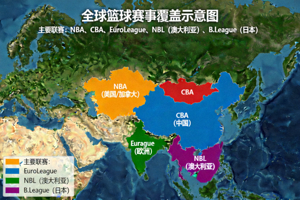 全球篮球赛事覆盖示意图，展示NBA、CBA等主要篮球联赛的全球分布
